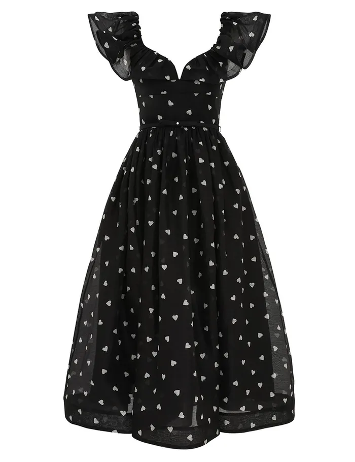 Women Clothing Zimmermann Crush Frilled Midi Dress Black Hearts