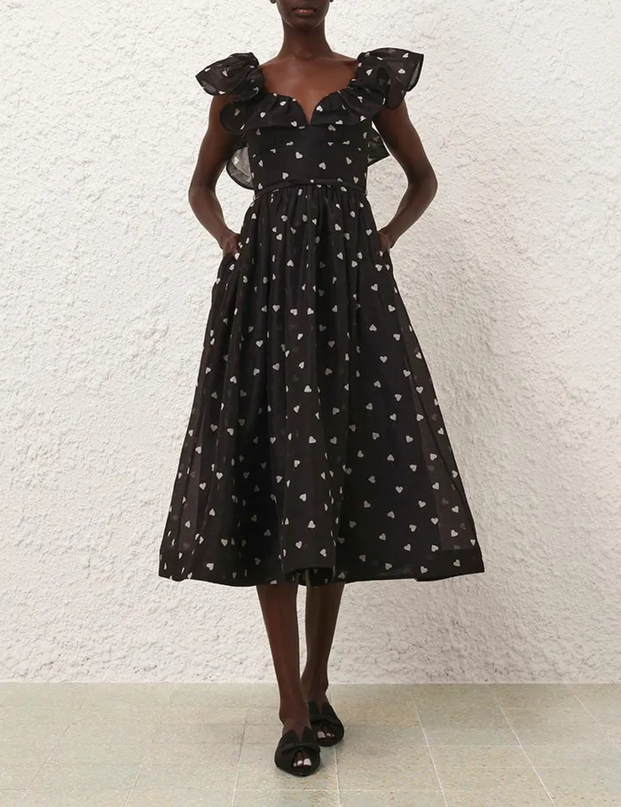 Women Clothing Zimmermann Crush Frilled Midi Dress Black Hearts