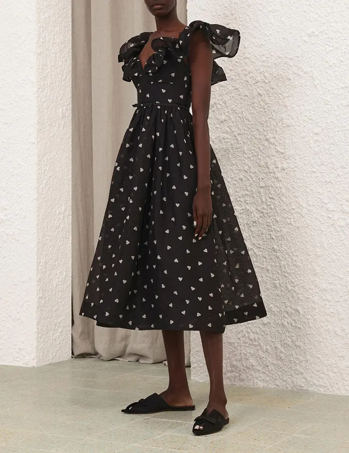 Women Clothing Zimmermann Crush Frilled Midi Dress Black Hearts