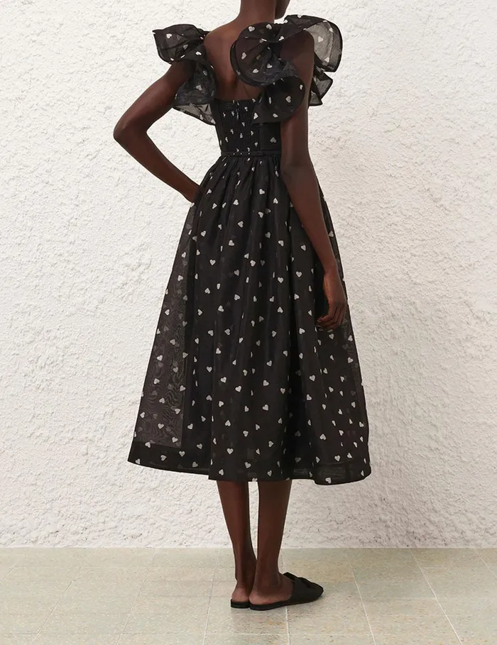 Women Clothing Zimmermann Crush Frilled Midi Dress Black Hearts