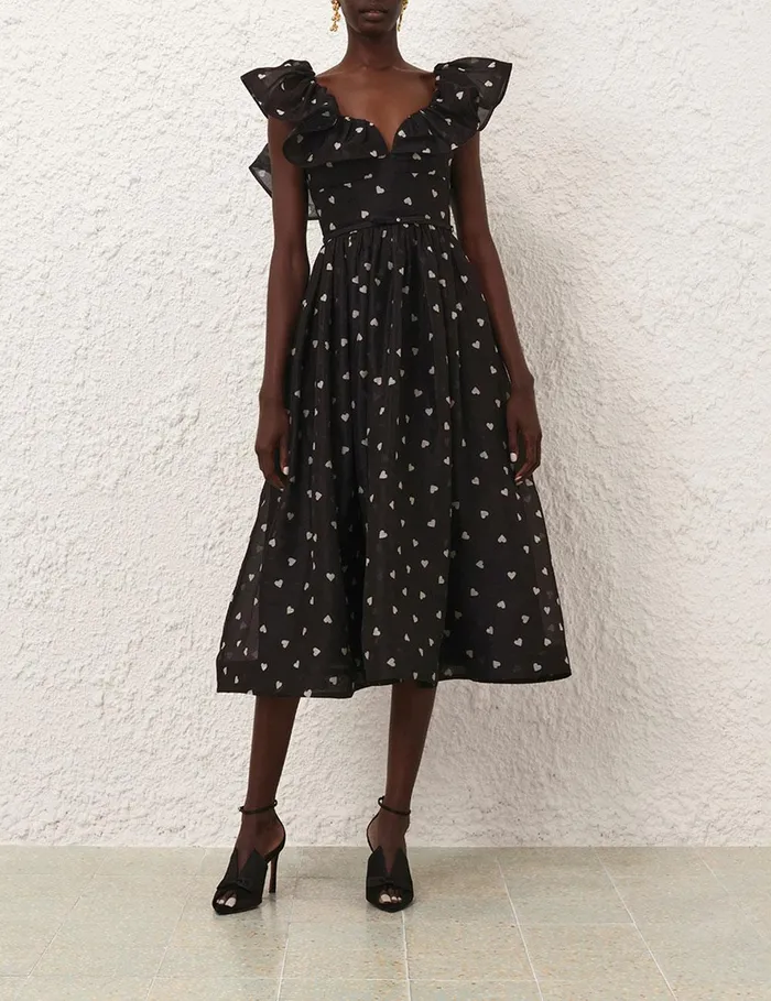 Women Clothing Zimmermann Crush Frilled Midi Dress Black Hearts