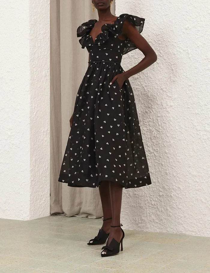 Women Clothing Zimmermann Crush Frilled Midi Dress Black Hearts