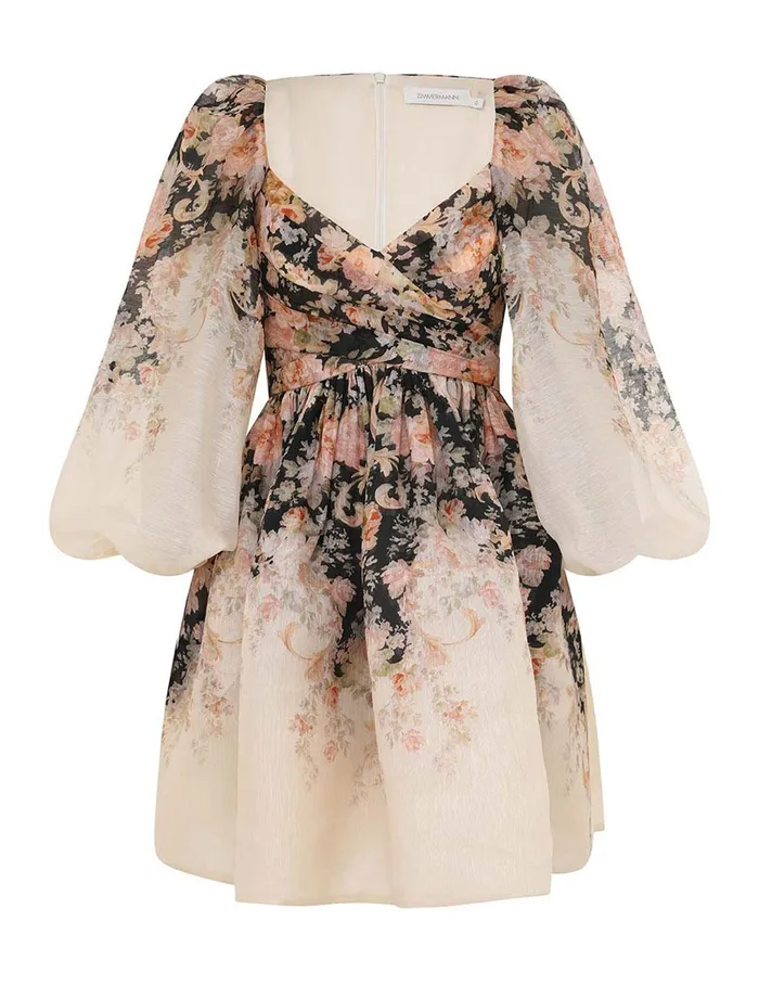 Women Clothing Zimmermann Illustration Draped Mini Dress Tea Rococo Floral
