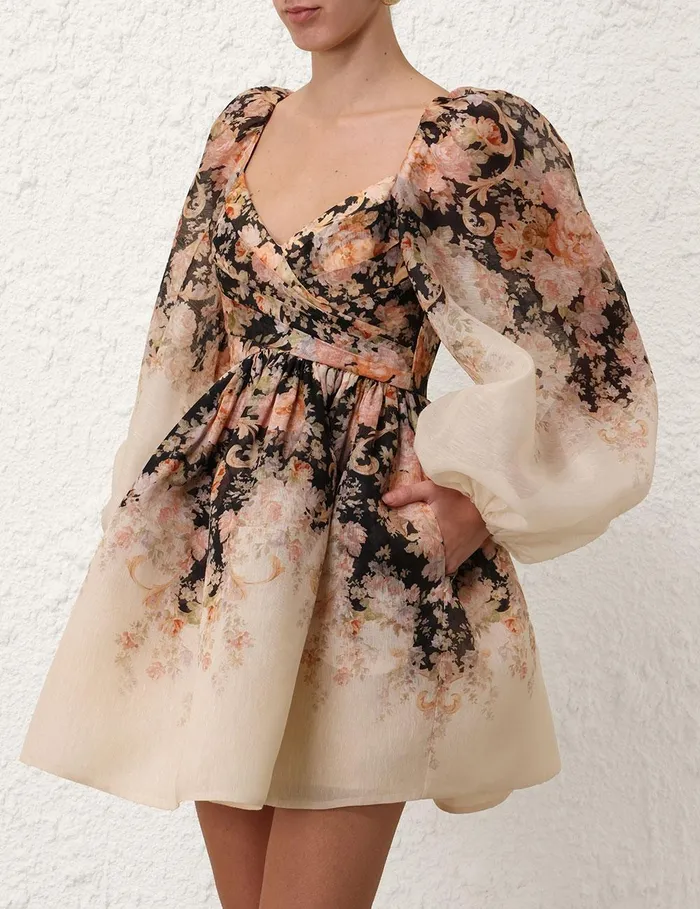 Women Clothing Zimmermann Illustration Draped Mini Dress Tea Rococo Floral