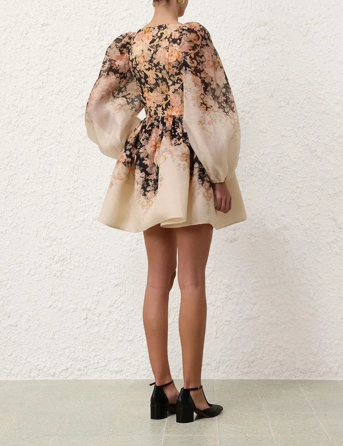 Women Clothing Zimmermann Illustration Draped Mini Dress Tea Rococo Floral