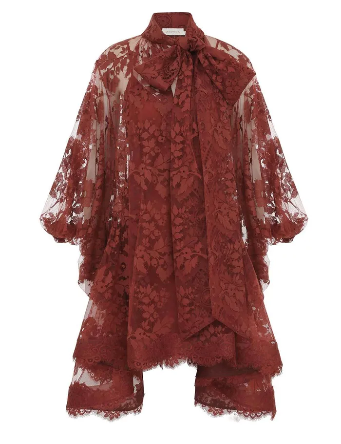 Women Clothing Zimmermann Illustration Lace Mini Dress Chestnut