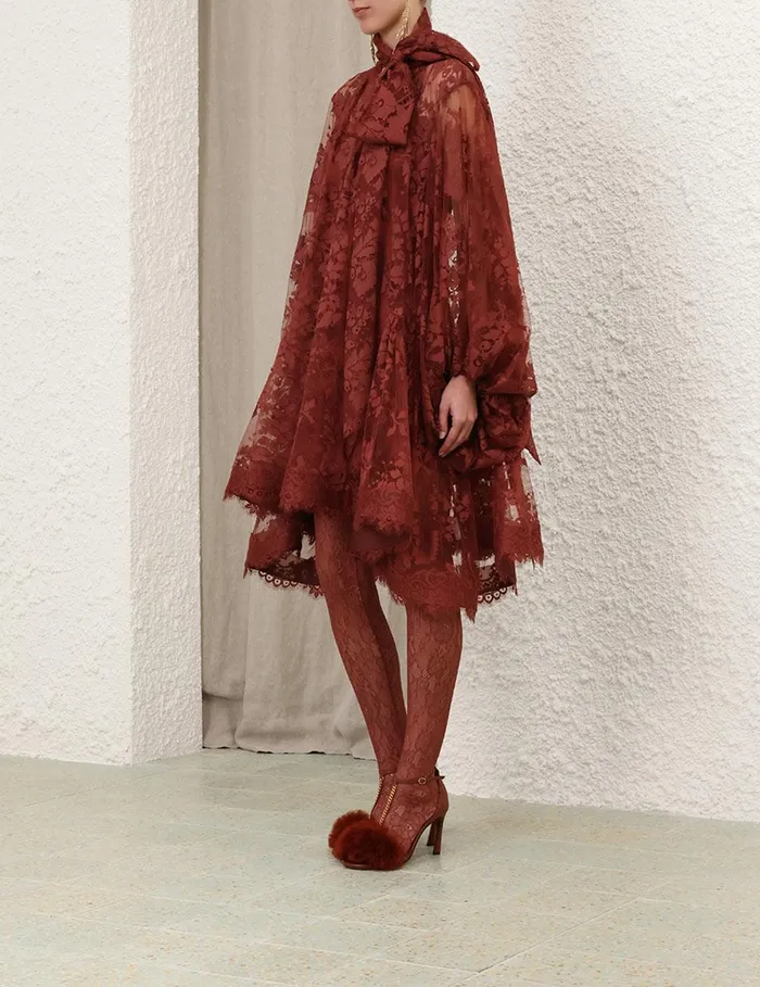 Women Clothing Zimmermann Illustration Lace Mini Dress Chestnut