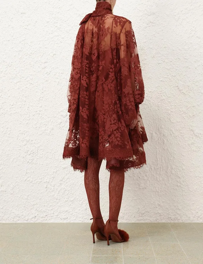 Women Clothing Zimmermann Illustration Lace Mini Dress Chestnut