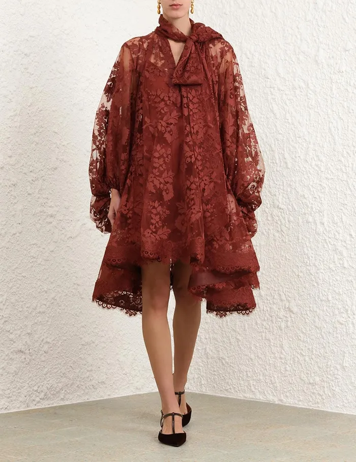 Women Clothing Zimmermann Illustration Lace Mini Dress Chestnut