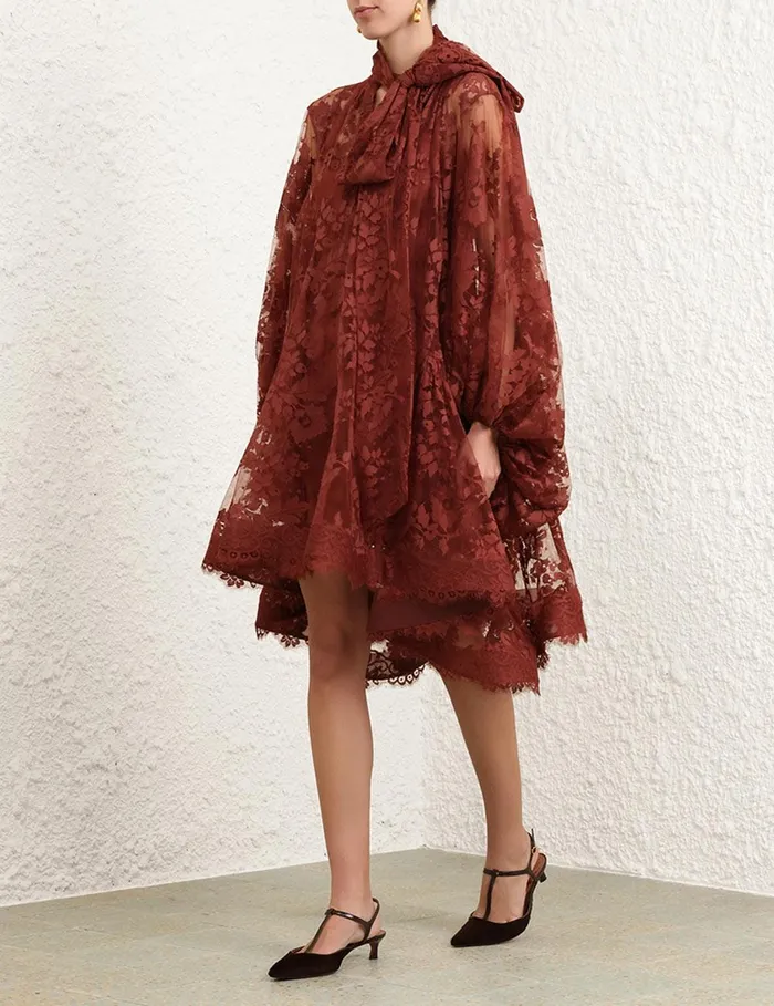 Women Clothing Zimmermann Illustration Lace Mini Dress Chestnut