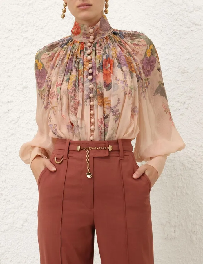 Women Clothing Zimmermann Pavilion Smock Blouse Peach Multi Floral