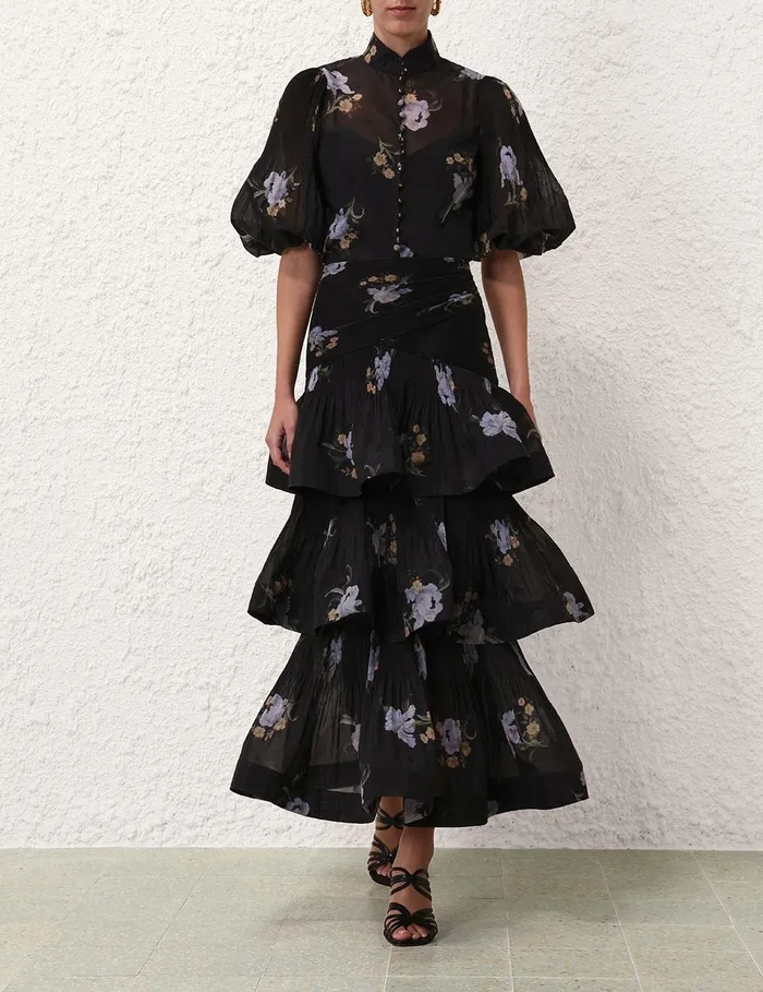 Women Clothing Zimmermann Pleated Tiered Skirt Black Iris Floral