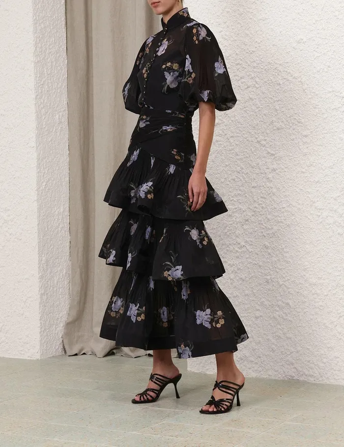 Women Clothing Zimmermann Pleated Tiered Skirt Black Iris Floral