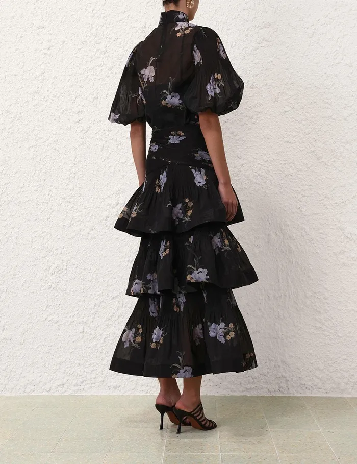 Women Clothing Zimmermann Pleated Tiered Skirt Black Iris Floral