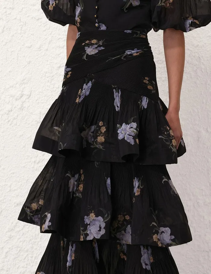 Women Clothing Zimmermann Pleated Tiered Skirt Black Iris Floral