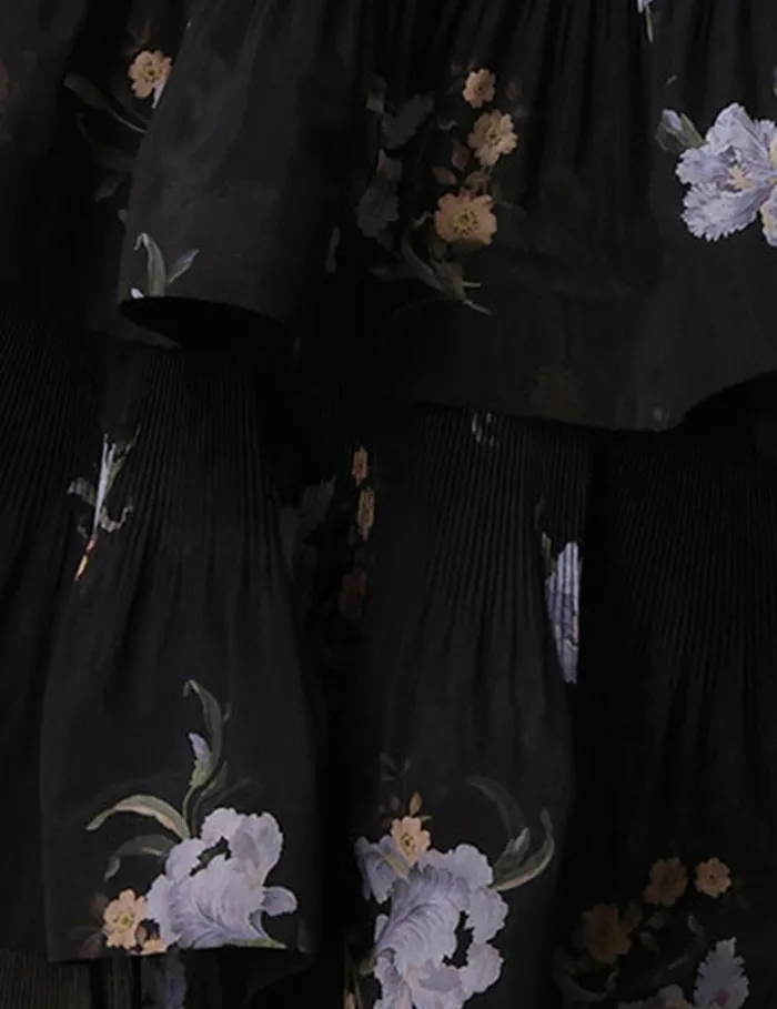 Women Clothing Zimmermann Pleated Tiered Skirt Black Iris Floral