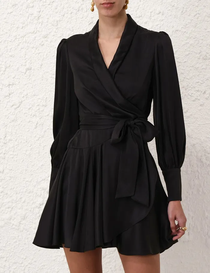 Women Clothing Zimmermann Silk Wrap Mini Dress Black