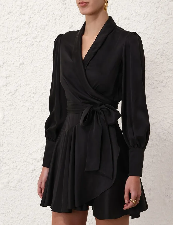 Women Clothing Zimmermann Silk Wrap Mini Dress Black