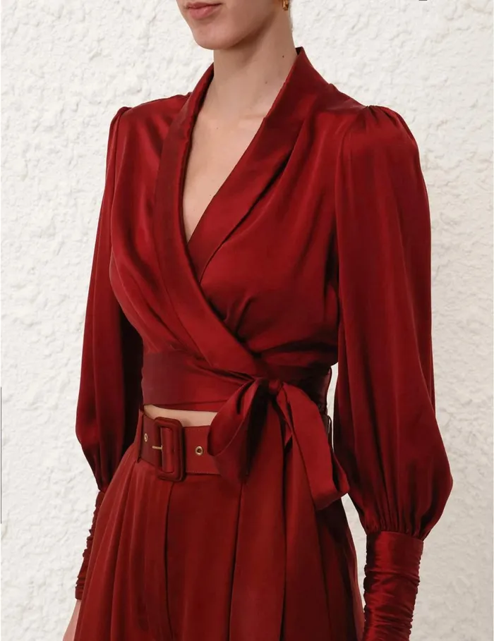Women Clothing Zimmermann Silk Wrap Top Burgundy