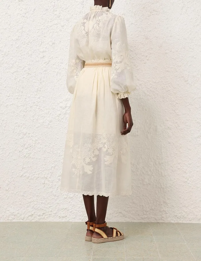 Women Clothing Zimmermann Waverly Embroidered Midi Skirt Tea