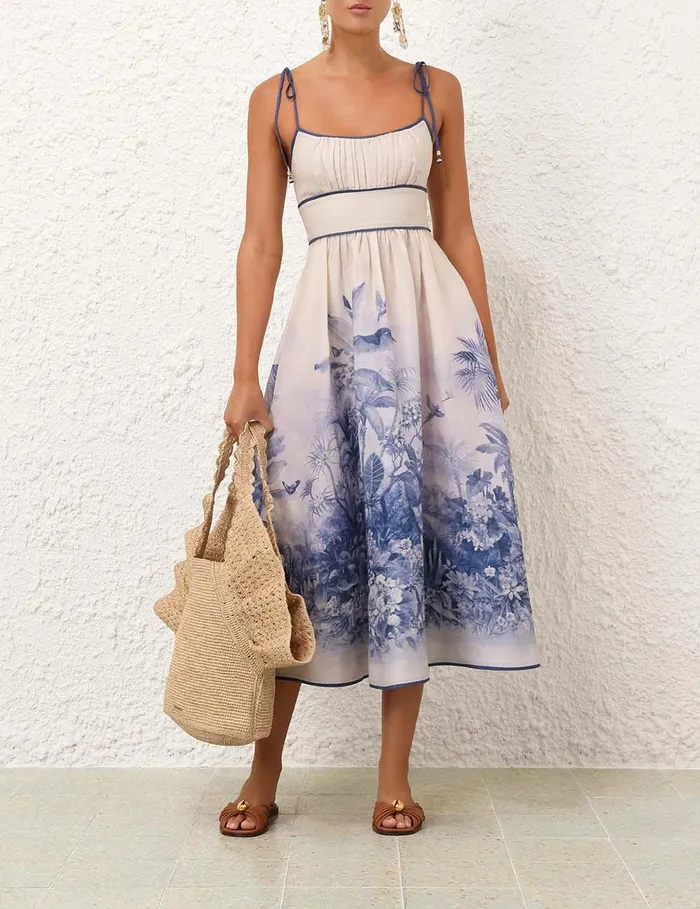 Women Clothing Zimmermann Wylie Picnic Dress Blue Palm
