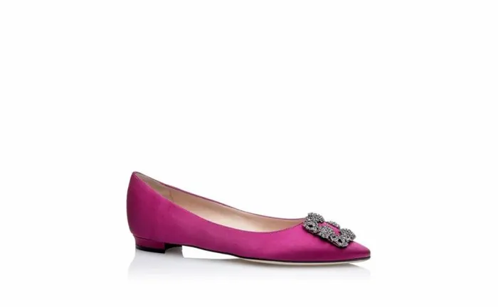 Women Dark Fuchsia Satin Jewel Buckle Flat Pumps Manolo Blahnik Flats