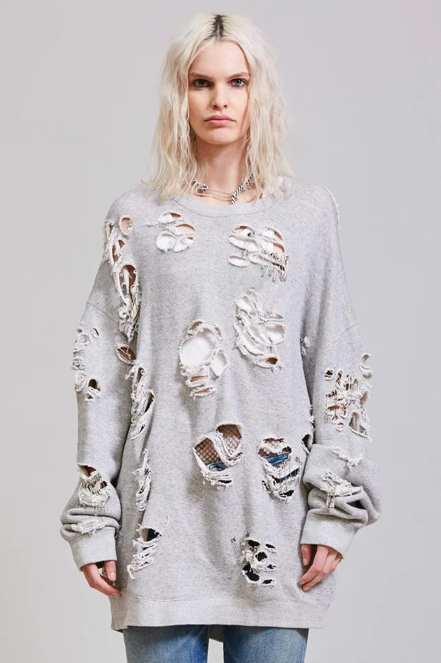 Women Distressed Crewneck 8211 Heather Grey Sweatshirts R13 Women Distressed Crewneck 8211 Heather Grey Sweatshirts R13