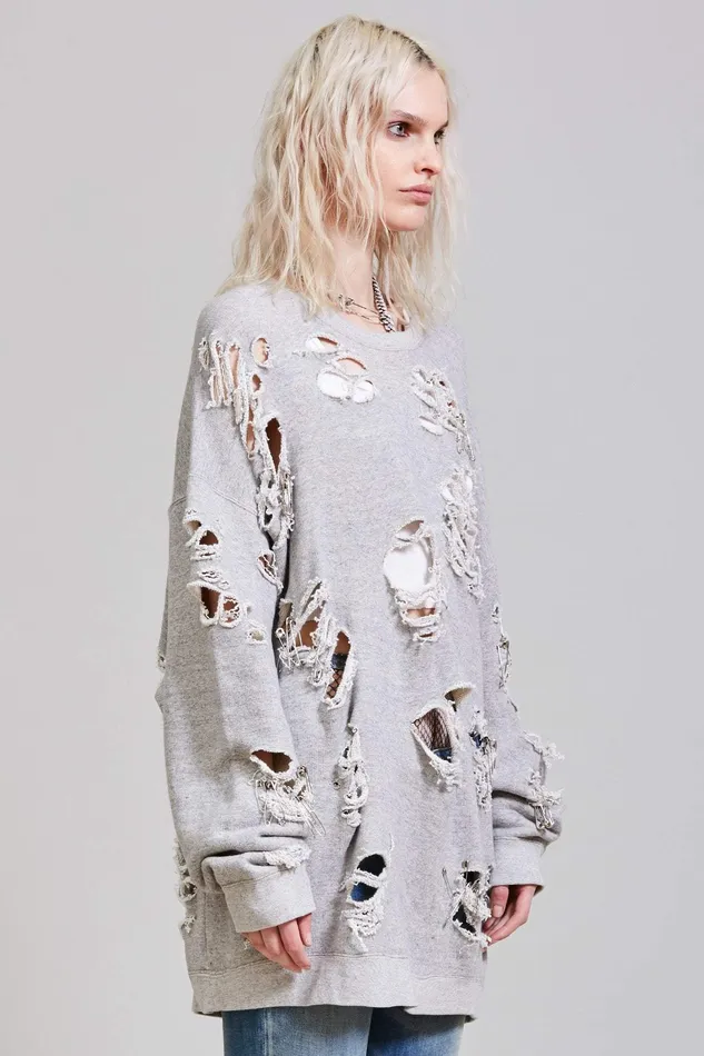 Women Distressed Crewneck 8211 Heather Grey Sweatshirts R13 Women Distressed Crewneck 8211 Heather Grey Sweatshirts R13
