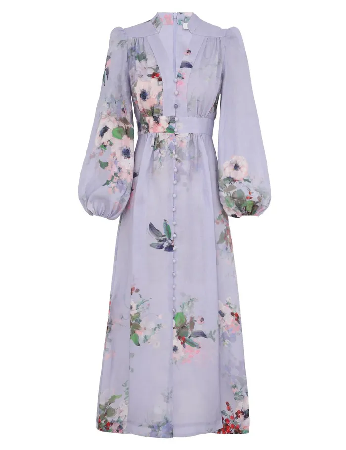 Women Dresses and Coverups Zimmermann Everley Plunge Midi Dress Light Blue Watercolour Floral