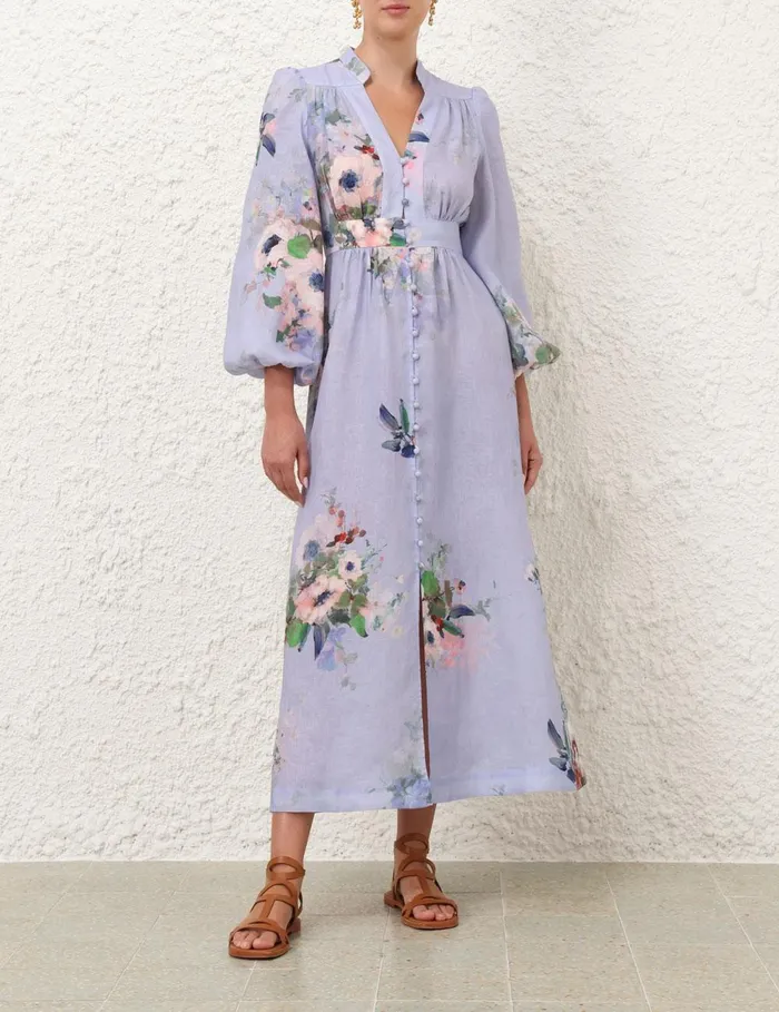 Women Dresses and Coverups Zimmermann Everley Plunge Midi Dress Light Blue Watercolour Floral