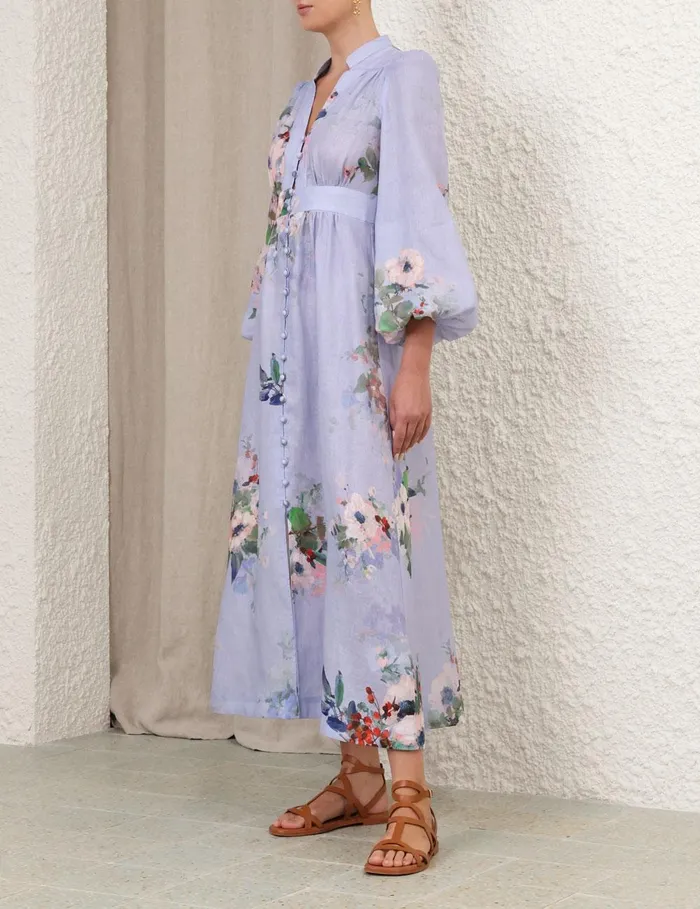 Women Dresses and Coverups Zimmermann Everley Plunge Midi Dress Light Blue Watercolour Floral