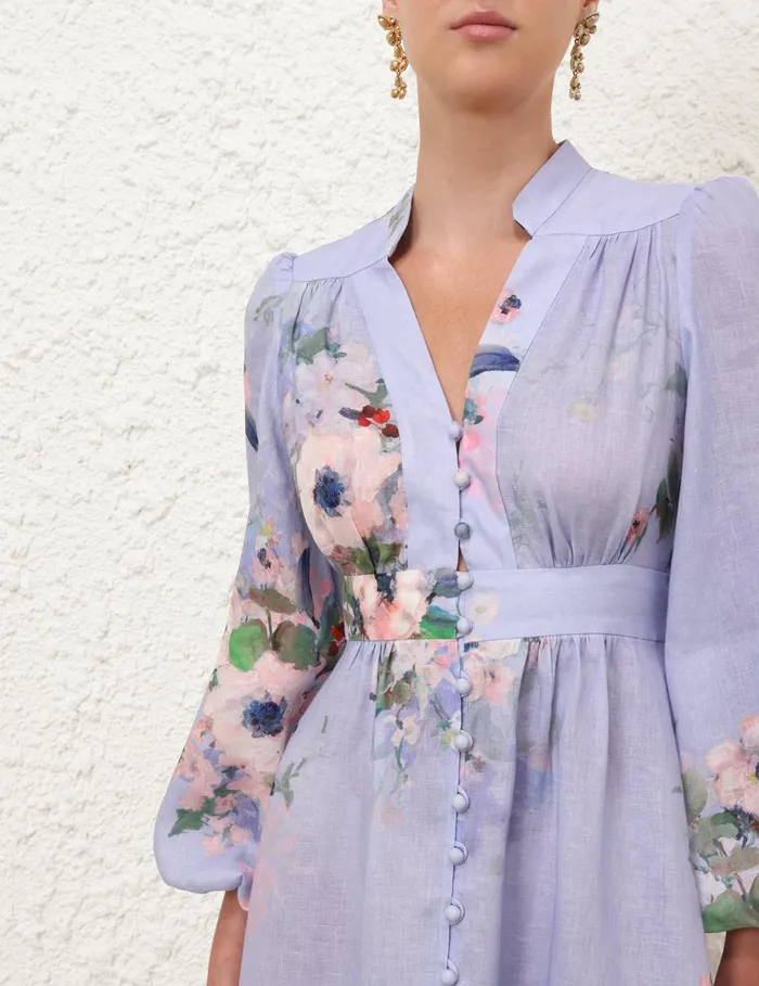 Women Dresses and Coverups Zimmermann Everley Plunge Midi Dress Light Blue Watercolour Floral