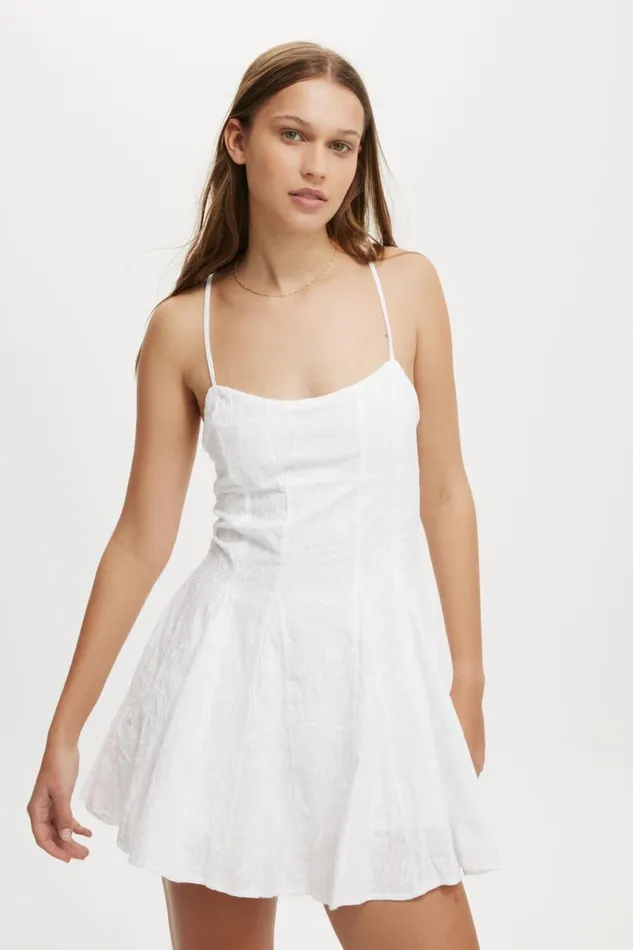 Women Dresses Cotton On Kiera Godet Hem Mini Dress White Paisley Embroidery