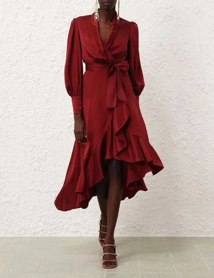 Women Dresses Zimmermann Silk Wrap Midi Dress Burgundy