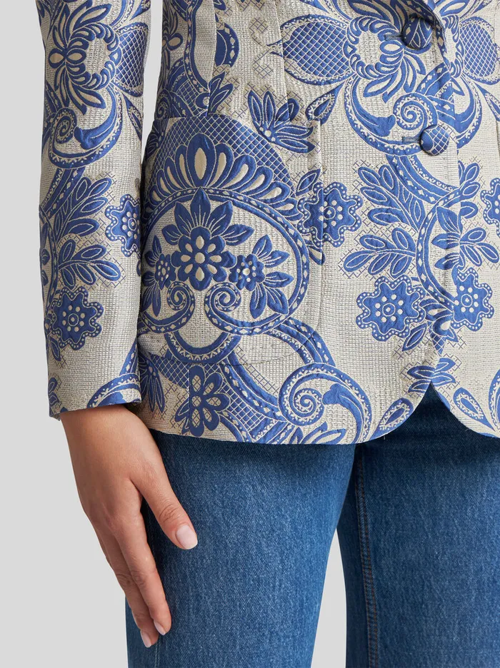 Women Etro Jackets SingleBreasted Jacket With Lace Motif Navy Blue Women Etro Jackets SingleBreasted Jacket With Lace Motif Navy Blue