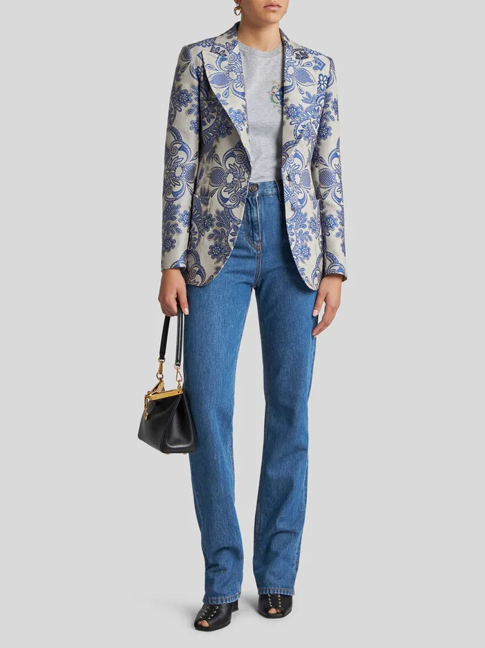 Women Etro Jackets SingleBreasted Jacket With Lace Motif Navy Blue Women Etro Jackets SingleBreasted Jacket With Lace Motif Navy Blue