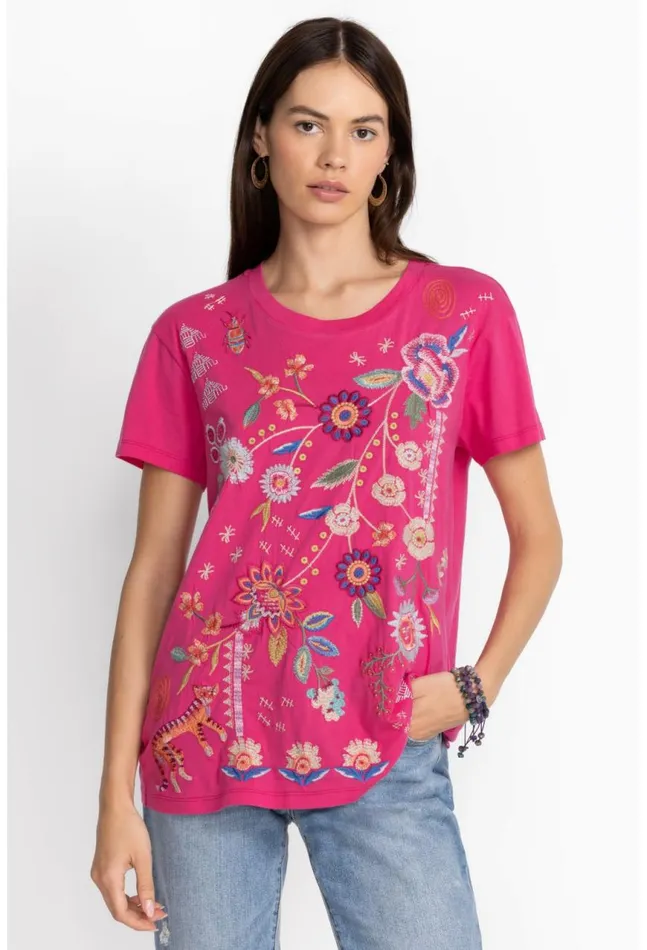 Women Griffin Easy Fit Tee Flamingo Pink Johnny Was Tops