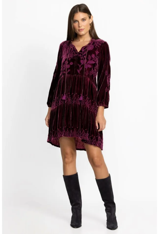 Women Ivey Velvet Field Tiered Dress Eggplant Johnny Was Dresses
