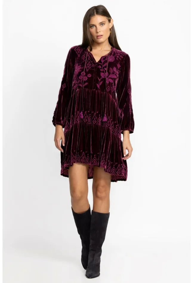 Women Ivey Velvet Field Tiered Dress Eggplant Johnny Was Dresses