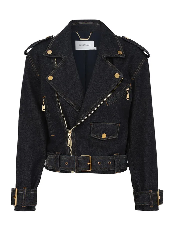 Women Jackets and Coats Zimmermann Crush Denim Biker Jacket Night Sky
