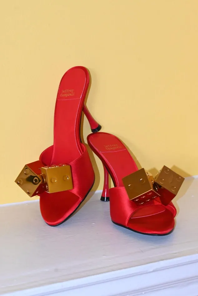 Women Jeffrey Campbell Heel DICE Red Satin Gold
