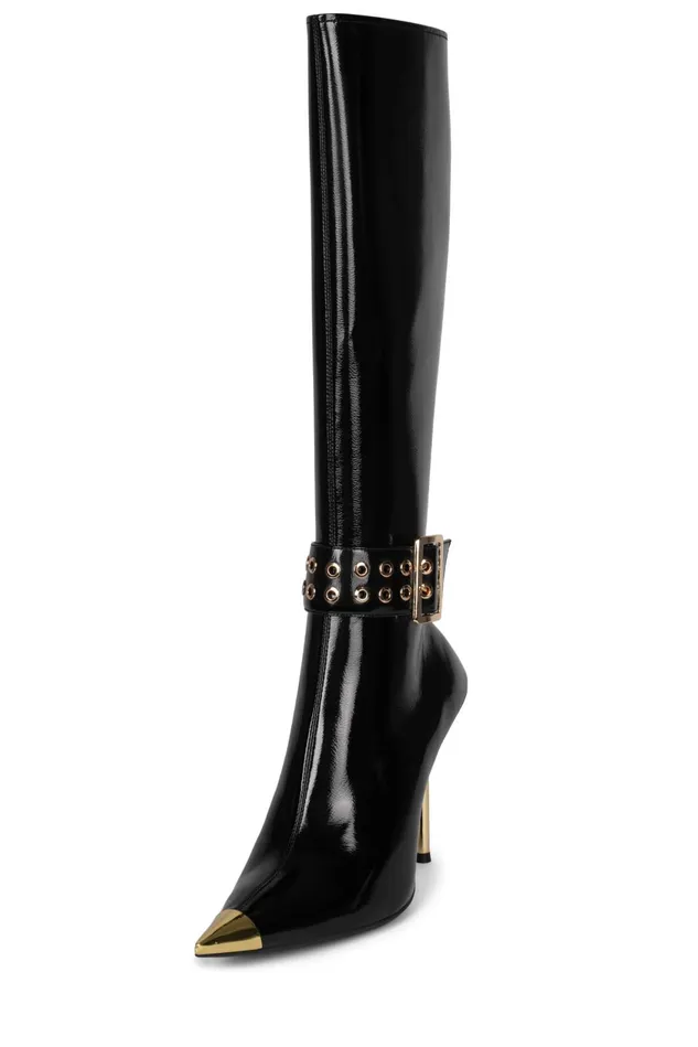 Women Jeffrey Campbell Knee To Thigh FLASHBACK Black Patent Gold