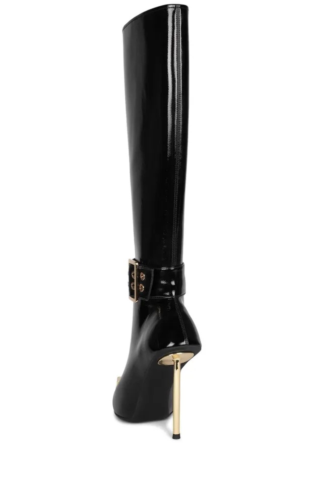 Women Jeffrey Campbell Knee To Thigh FLASHBACK Black Patent Gold