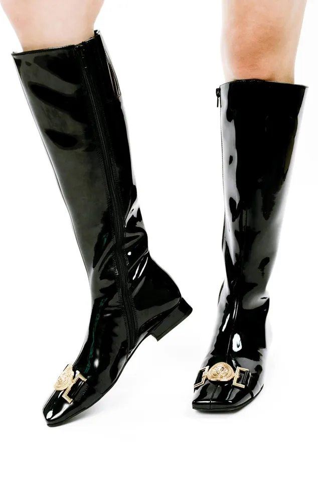 Women Jeffrey Campbell Knee To Thigh LIONS Black Patent Gold