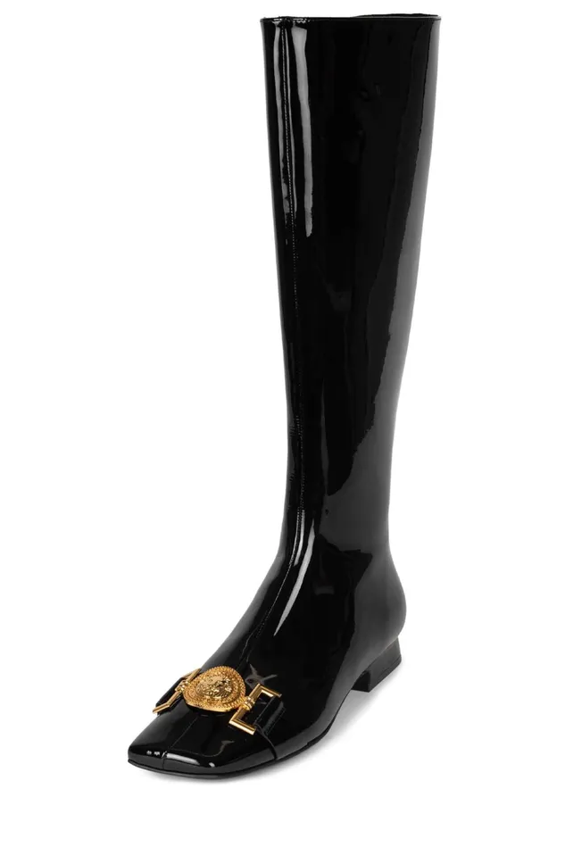 Women Jeffrey Campbell Knee To Thigh LIONS Black Patent Gold