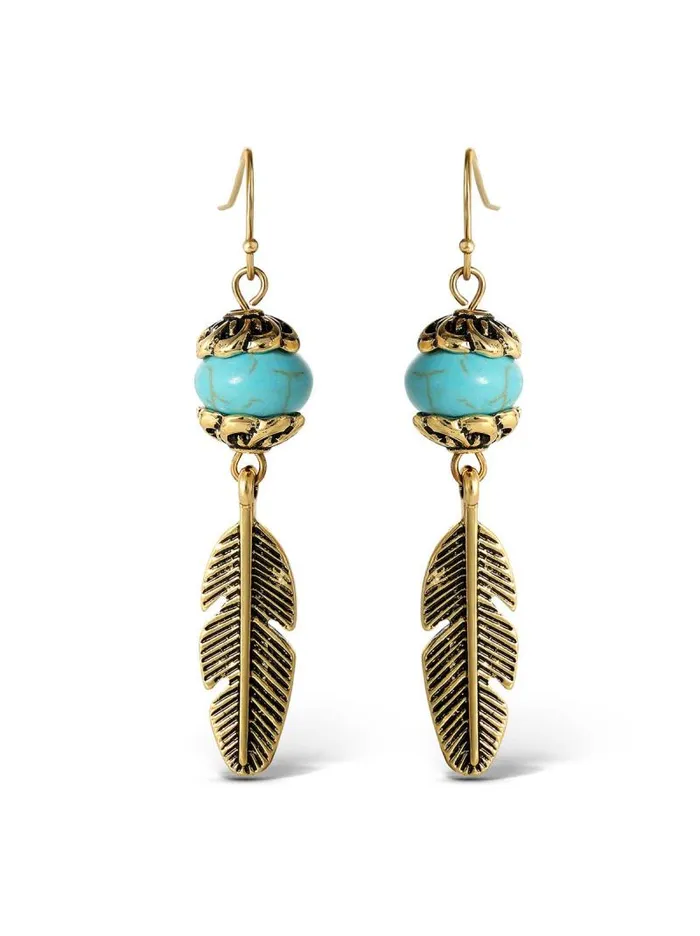 Women Jessica Simpson Turquoise Collection Turquoise Bead Feather Drop Earrings In Gold