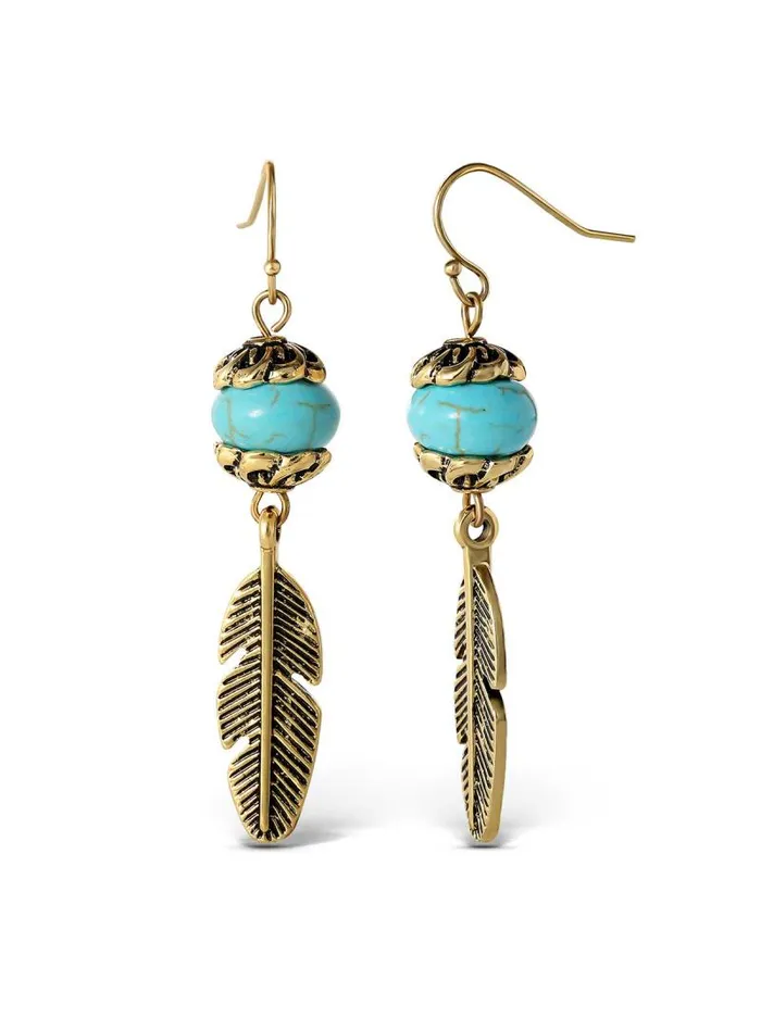 Women Jessica Simpson Turquoise Collection Turquoise Bead Feather Drop Earrings In Gold