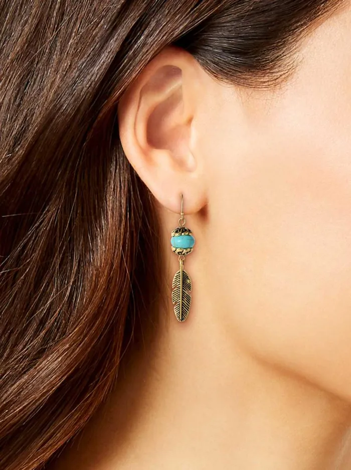 Women Jessica Simpson Turquoise Collection Turquoise Bead Feather Drop Earrings In Gold