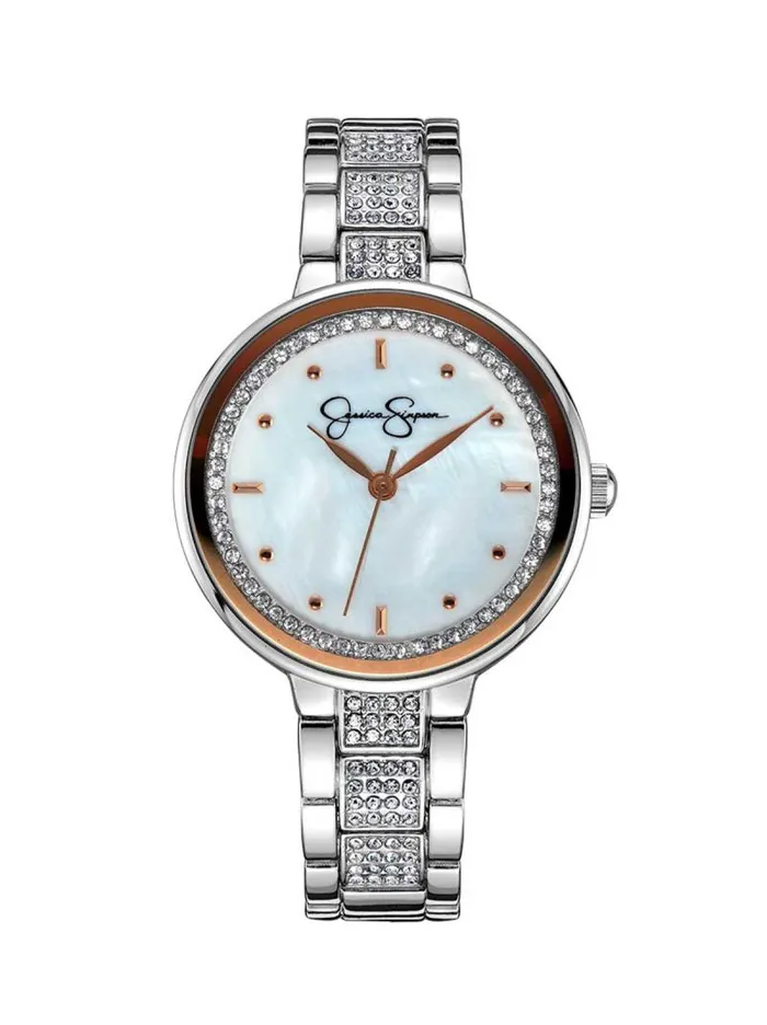Women Jessica Simpson Watches Crystal and Genuine Mother Of Pearl Dial Watch In Silver Tone