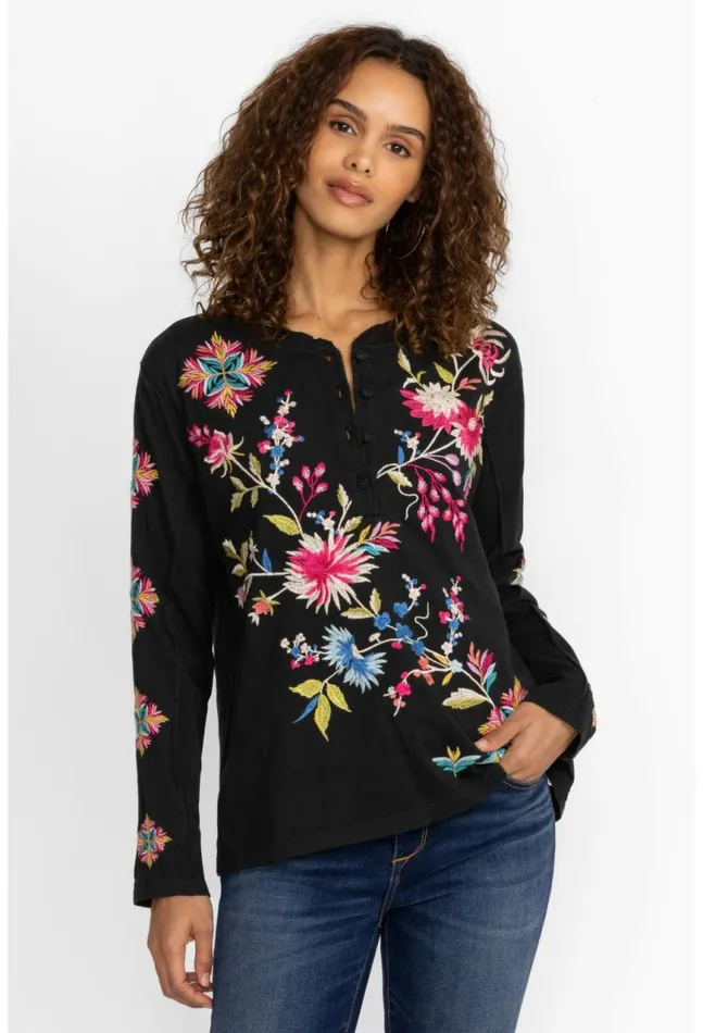 Women Julie Raw Seam Henley Black Johnny Was Tops